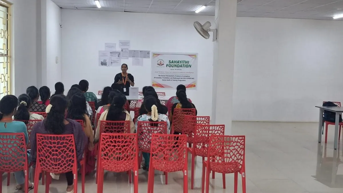 Garment factory workers attending POSH Act 2013 compliance session at Zen Fashion Pvt Ltd, 15 Velampalayam
