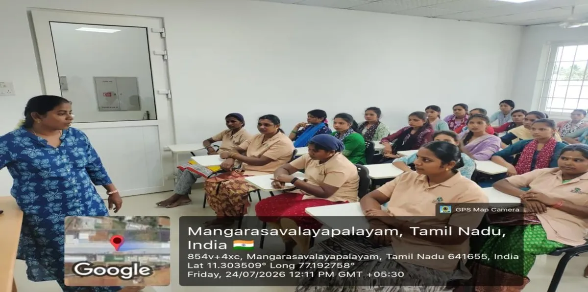 Spinning mill workers in a POSH Act 2013 awareness session at Sridhara Spinning Mills, Sevur, Tiruppur